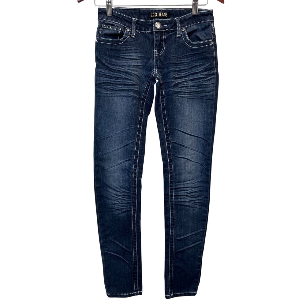 ZCO W's Dark Blue Jeans Size 3 Blue Strght Leg Whiskered Contrast w/Angel Pckts